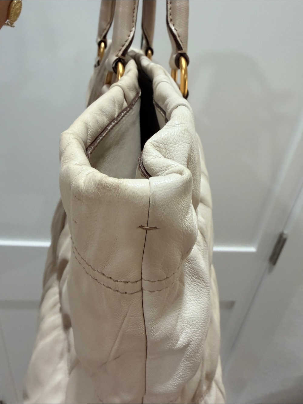 PRADA Gaufre Tote Bag Beige Lambskin Leather | Gold Hardware | VERY GOOD ❣️ - Picture 11 of 17